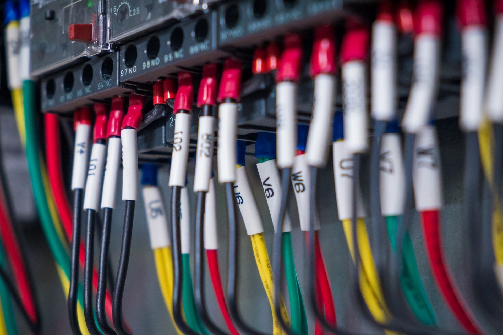 Neatly labeled wiring inside an industrial electrical panel